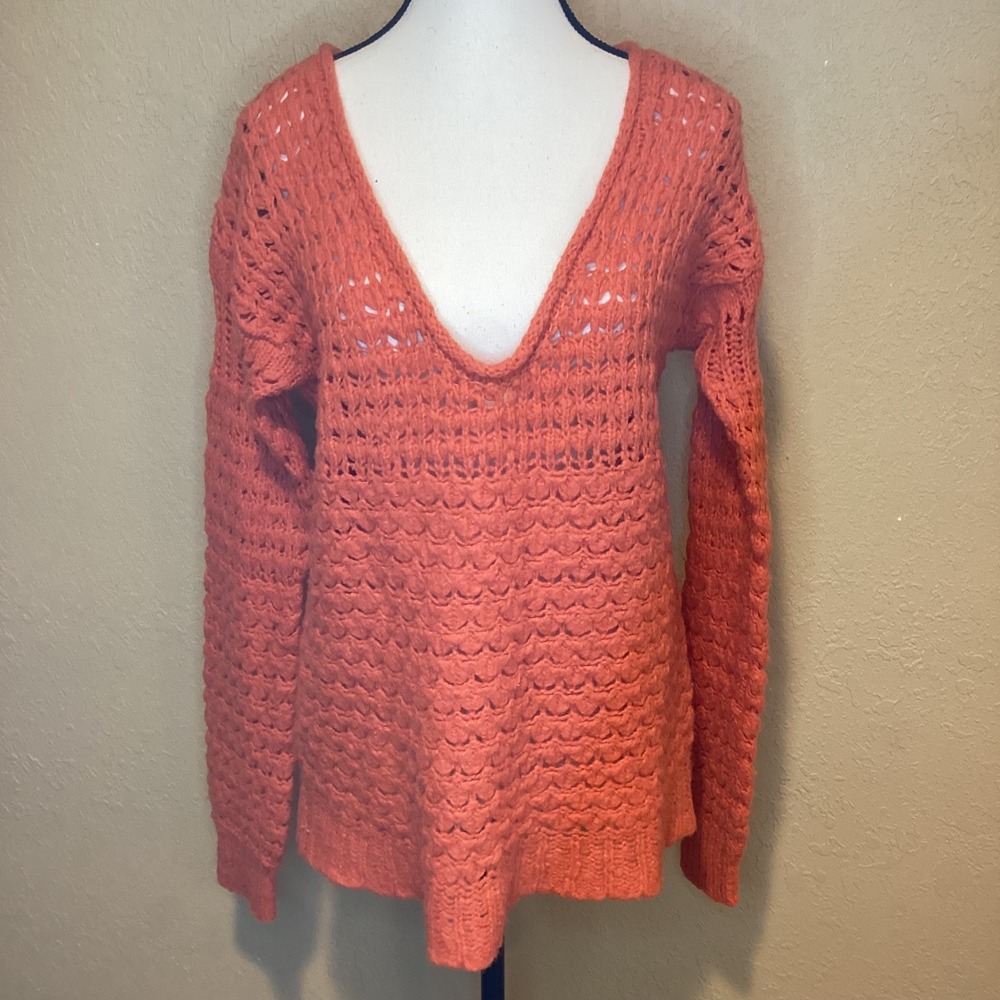 Free People Orange Scoop Neck Open Weave Crochet Sweater, Size XS